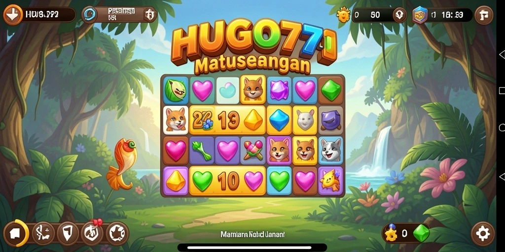 Tampilan berwarna-warni dari gameplay HUGO77 yang menarik.