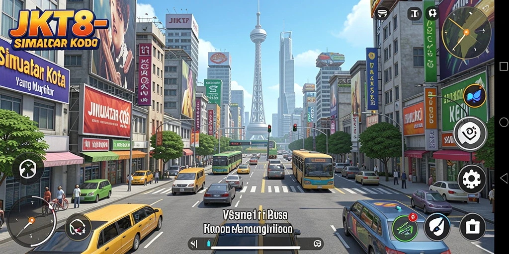 Tampilan gameplay JKT8 dengan grafis kota yang dinamis.