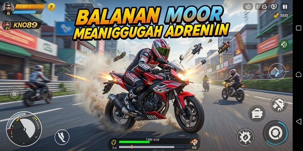 Gameplay KNO89 dengan aksi balapan motor seru dan cepat.