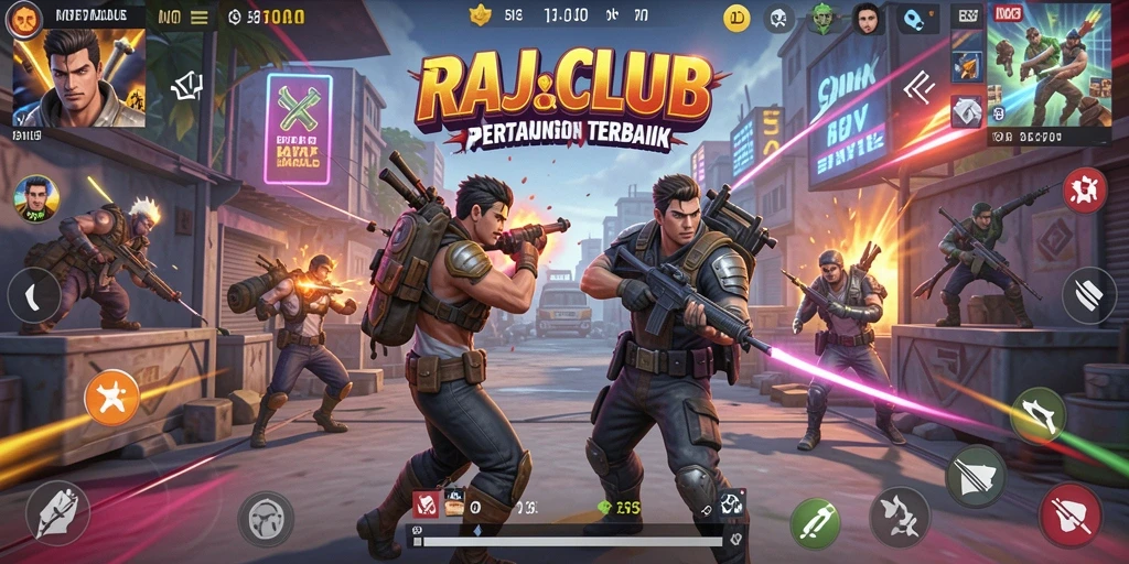 Screenshot utama RAJACLUB menampilkan serunya gameplay Battle Royale yang mendebarkan.