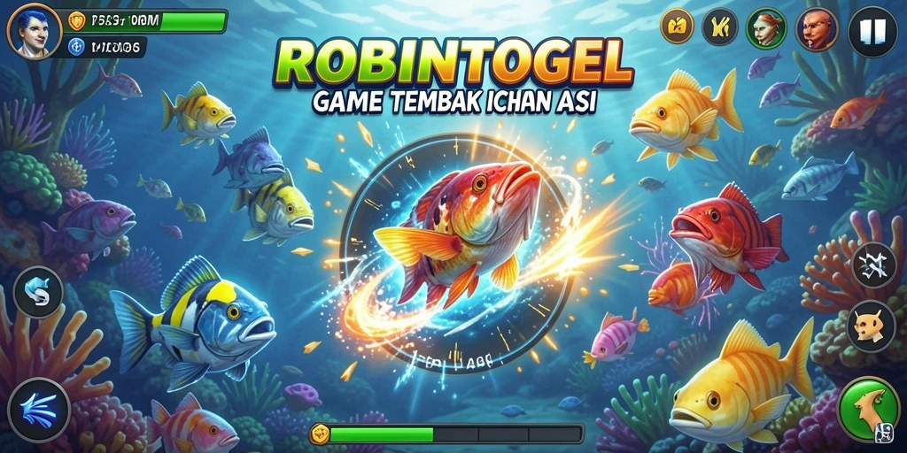 Tampilan gameplay seru dalam ROBINTOGEL saat menembak ikan.